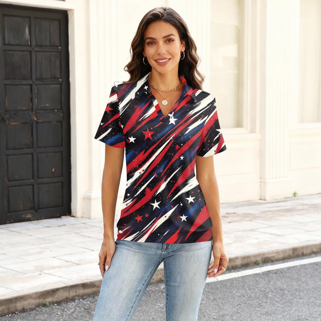 Women's Casual Short Sleeve Polo Shirt with Independence Day Star Print Collar Top Lightweight Summer Tee