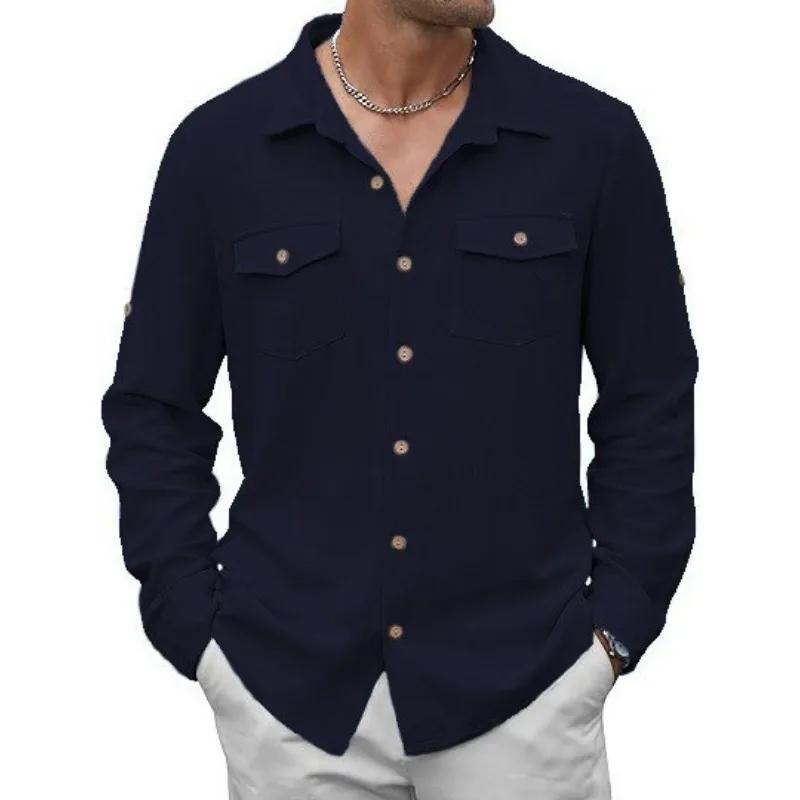 Long Sleeve Shirt Casual Vaion Fashion Japanese Style New Men's Shirt Double Pocket Cotton Linen