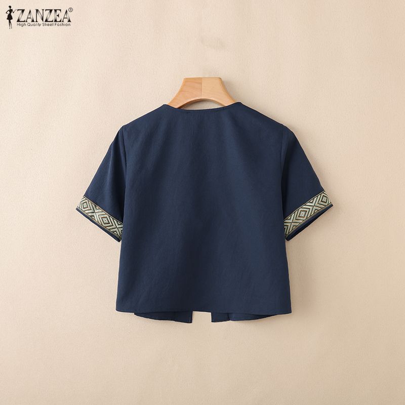 ZANZEA Women Lace-up Open Front Casual Short Sleeve Cardigan Blouse