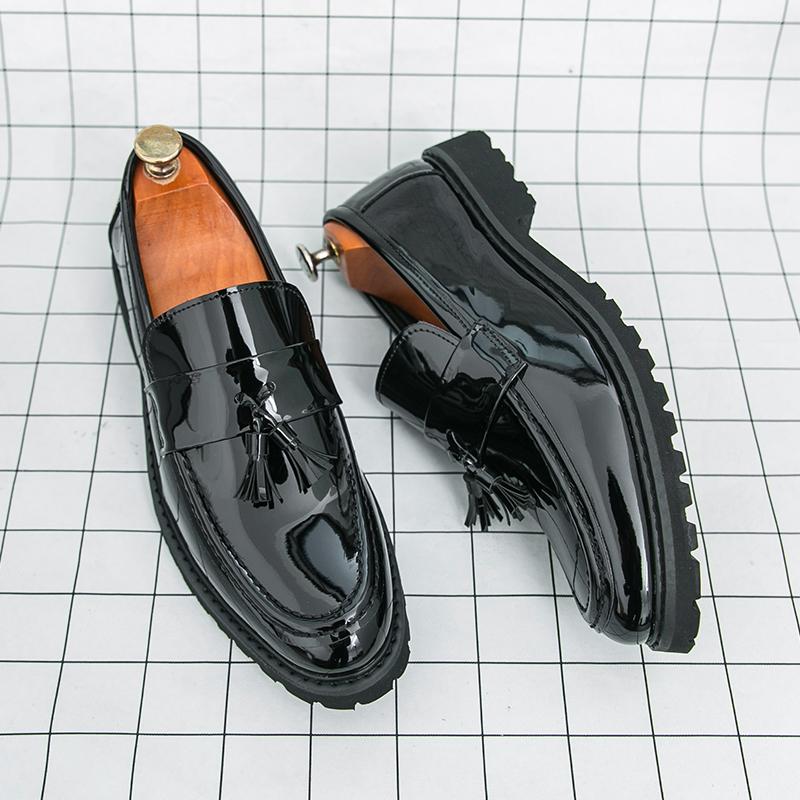Plus Size Loafers Men's 2025 Thick-Soled Tassel Patent Leather Glossy Slip-On Business Formal Leather Shoes New Men's Shoes