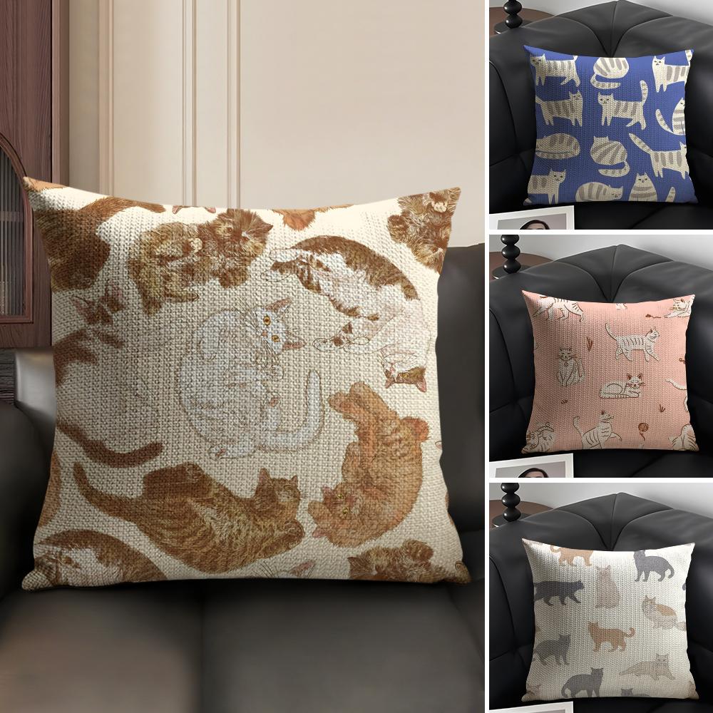 Cute Cat Cushion Cover Natural Linen Organic Fabric DoubleSided Printing Sofa Home Decor Gift Pillow Case
