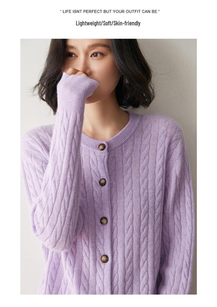 Women's Cashmere Cable-Knit Cardigan Sweater - Round Neck, Single-Breasted, Multi-Button, Loose Fit, Solid Color, Versatile Fall/Winter Style