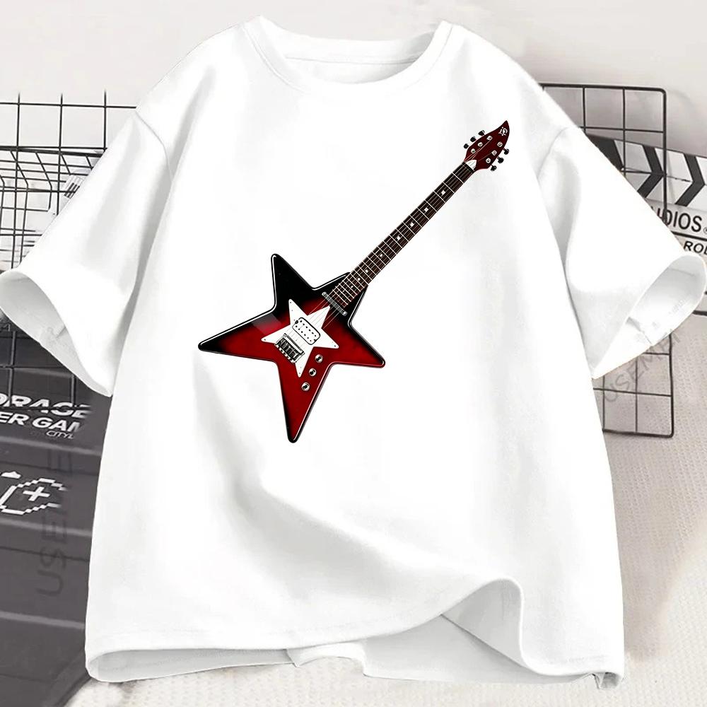 Star Shape Electric Guitar Graphic T Shirt Women Rock Music Print Tee Y2K Harajuku Casual Short Sleeve Loose Summer Top Vintage