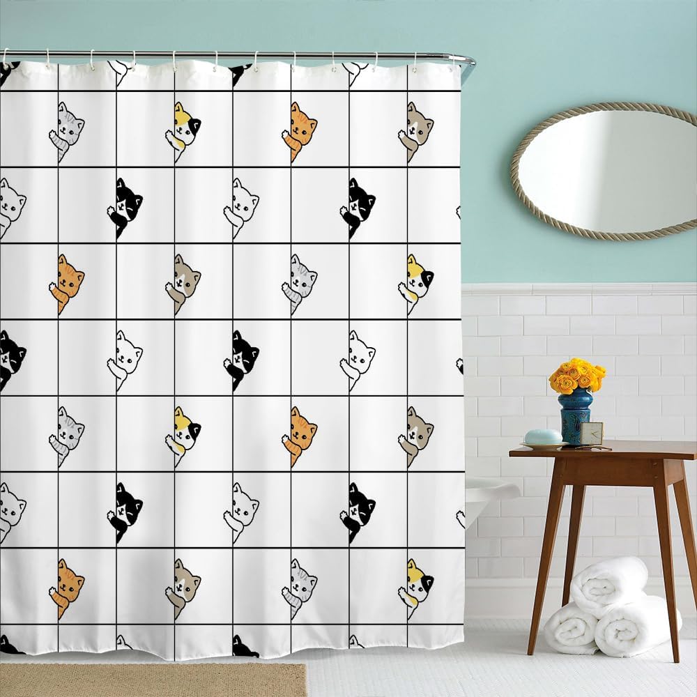 Shower Curtain for Bathroom with Hooks, Black and White Cute Cartoon Colorful Kittens Funny  Long Cloth Fabric Shower Curtain