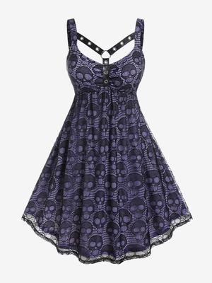 Rosegal Plus Size Gothic Harness Grommets Skull Lace Knee Length Dress