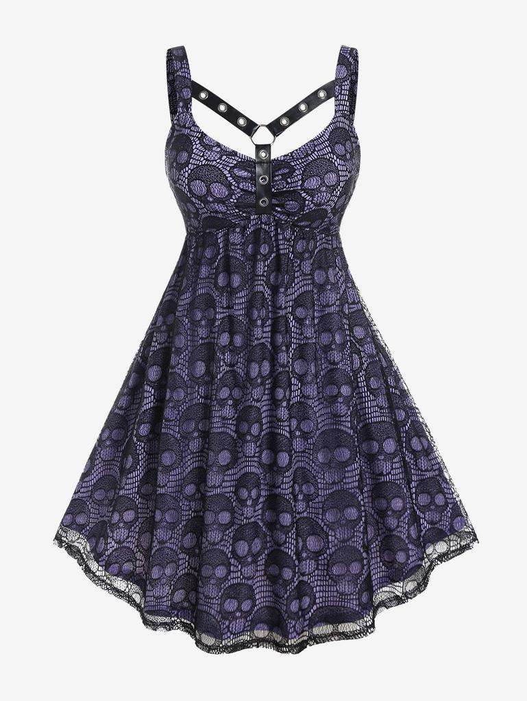 Rosegal Plus Size Gothic Harness Grommets Skull Lace Knee Length Dress