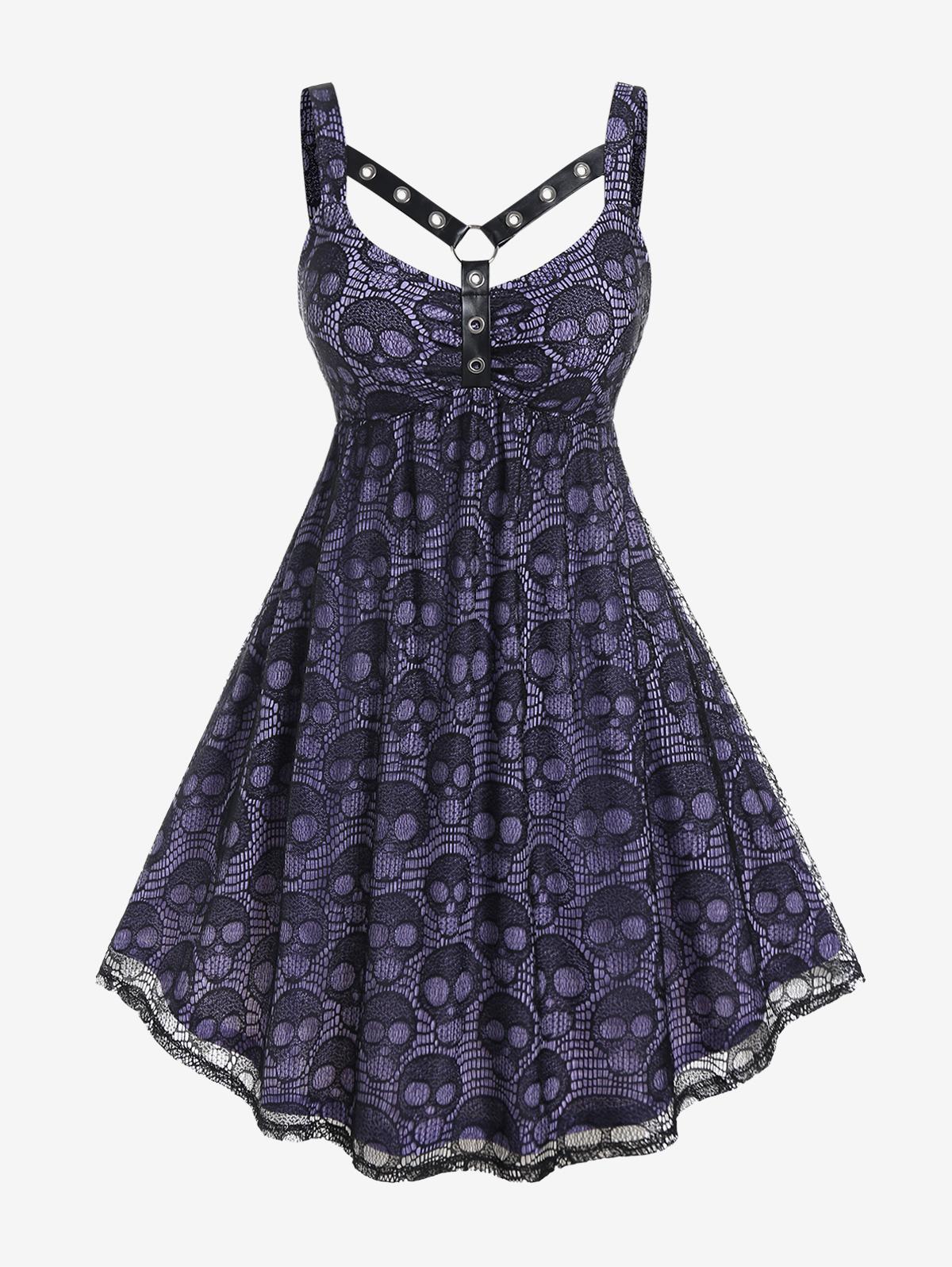 

Rosegal Платье готическое большого размера с ремнями, люверсами, черепом и кружевом, длиной до колена L светло-фиолетовый