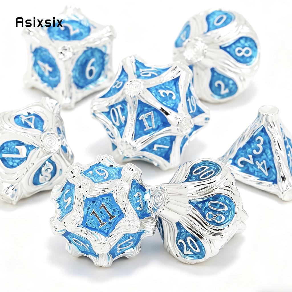7 Pcs White Blue Tree Vine Metal Dice Solid Metal Polyhedral Dice Set Suitable for Role-Playing RPG Board Game Dice RPG