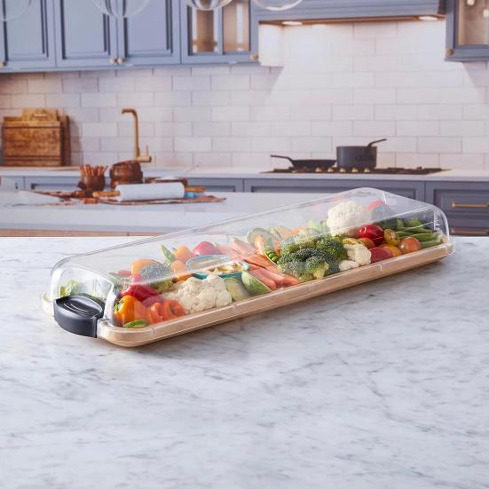 Bamboo Rectangular Cutting Board Tray with Clear Locking Lid Single Compartment Cheese Fruit Nuts Meats Picnics Parties Food Tray