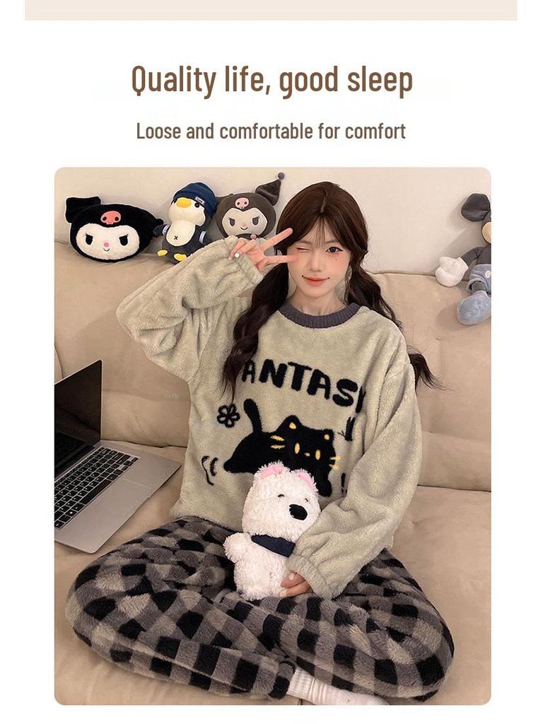 Damski Słodki Kreskówkowy Flanelowy Zestaw Piżamowy - Gruby, Podszyty Polarem i Przytulny na Jesień i Zimę