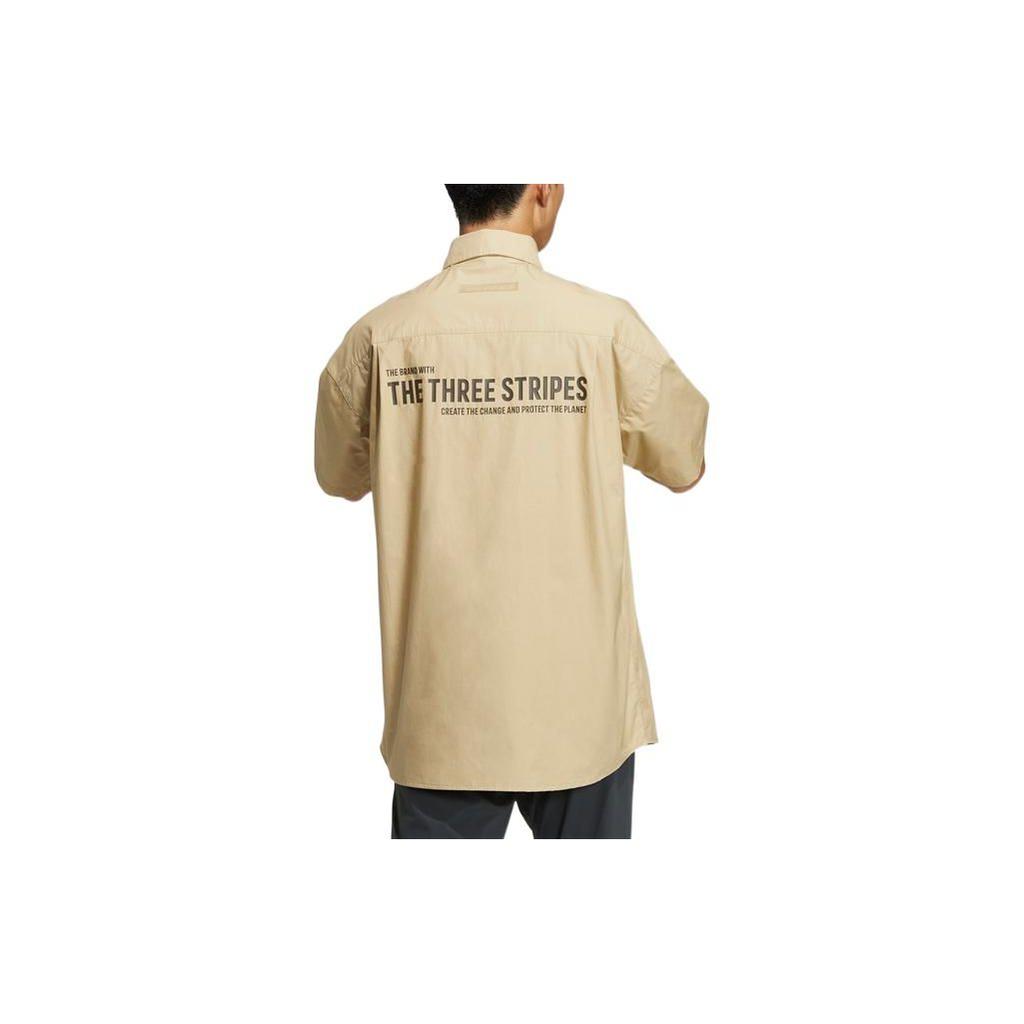 Adidas Letter Print Single-Breasted Short Sleeve Shirt Men Tops Khaki HZ7032