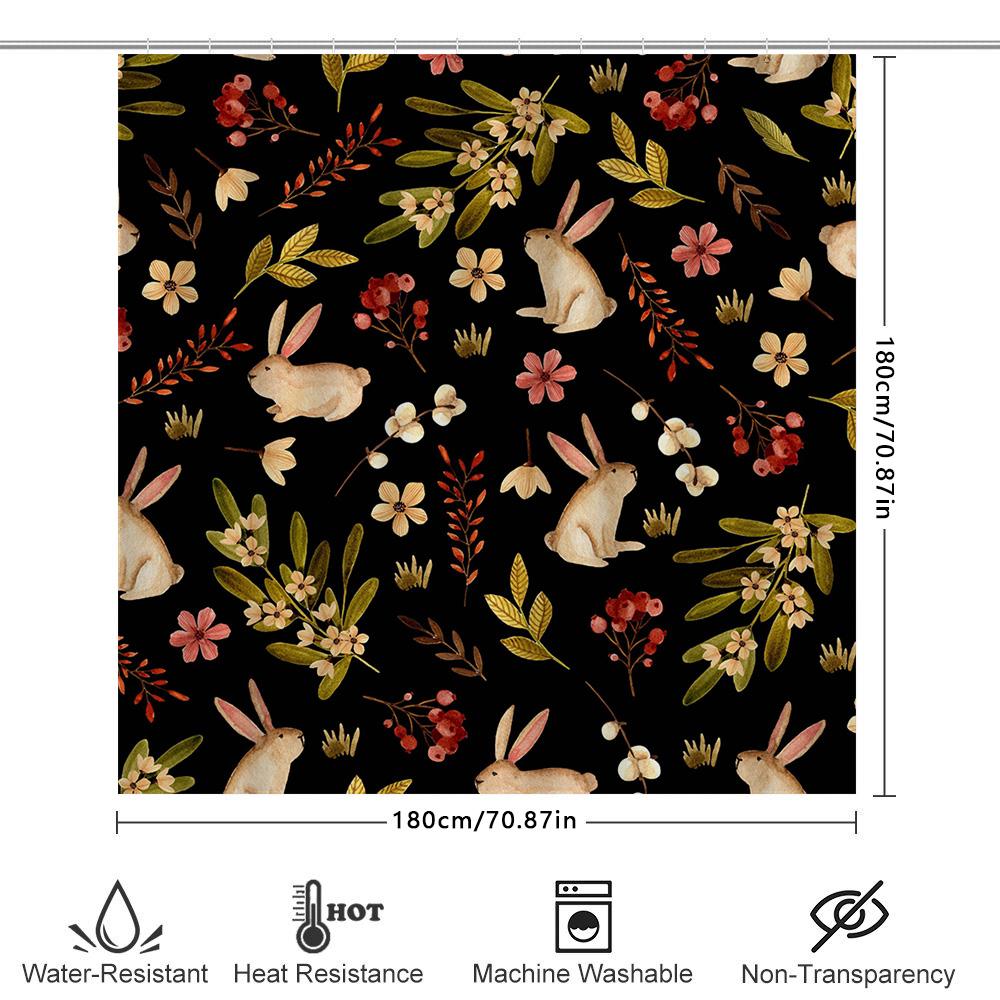 Animal Floral Shower Curtain: Watercolor Rabbit Flower Bath Decoration For Bathroom Decor Black Background With Pink Yellow Gree