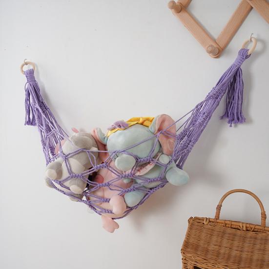 Woven Cotton Toy Net, Boho Wall Hanging Organizer, Handmade Storage Hammock for Stuffed Animals, Kids Room Nursery Decor