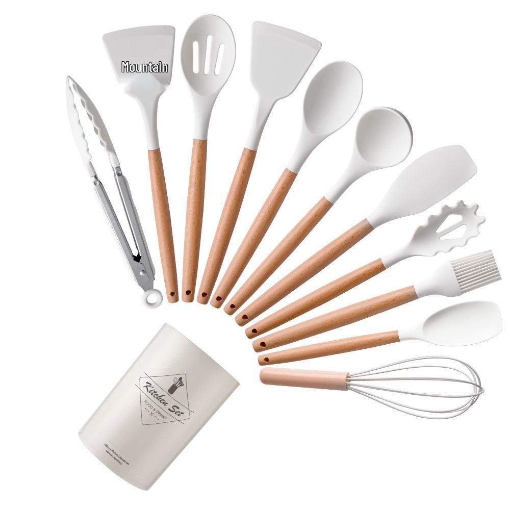 11-Piece Set: Silicone Kitchen Utensils with Lightweight Wooden Handles - Spatulas and Spoons