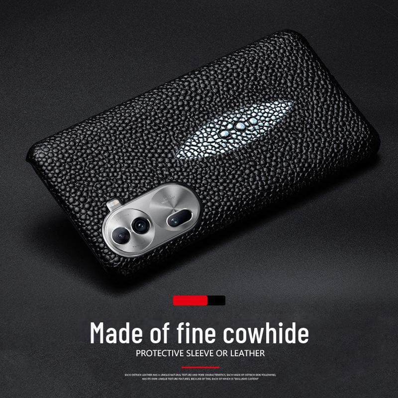 OPPO Reno7/7PRO Rindslederhülle mit Perlrochenmuster: Halbschale für Reno7Pro+ - Echter Lederschutz.