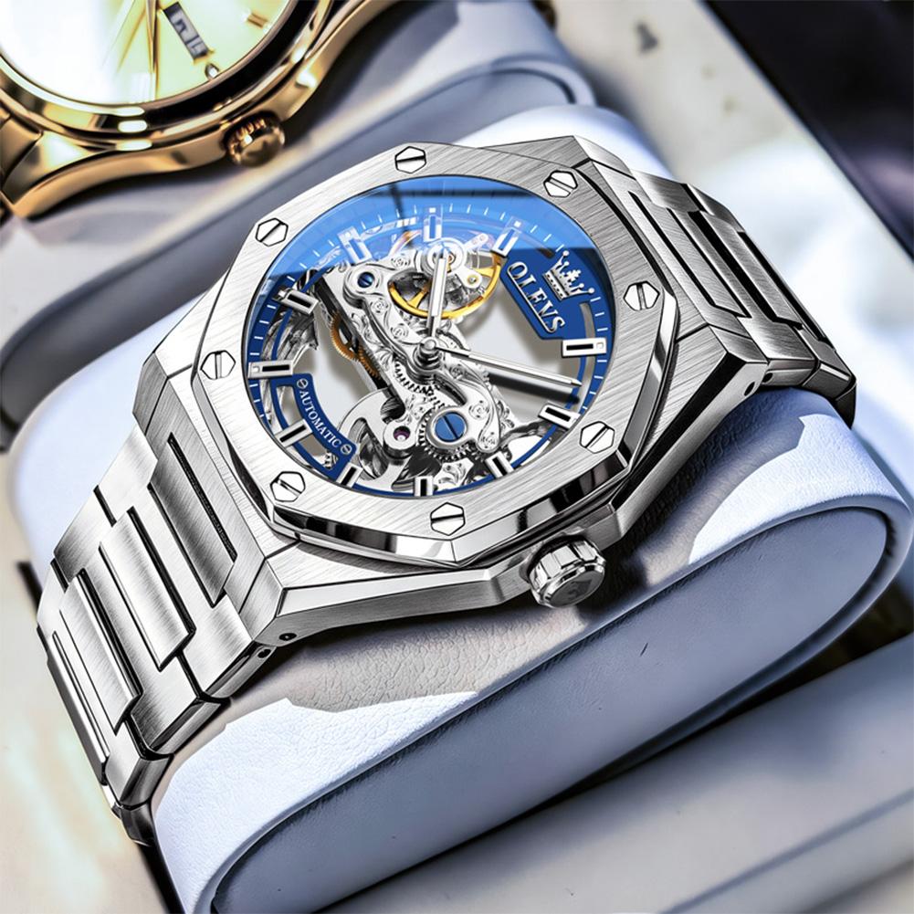 OLEVS Luxury Octagonal Skeleton Automatic Watch for Men Stainless Steel Band Hollow Mechanical Sport Self-winding Male Clock