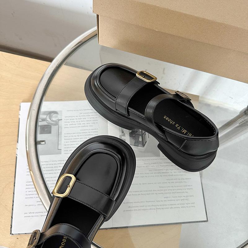 Non-slip Rubber Sole Wind Small Leather Shoes Mary Jane One-word Buckle Retro Shallow Mouth Single Shoes