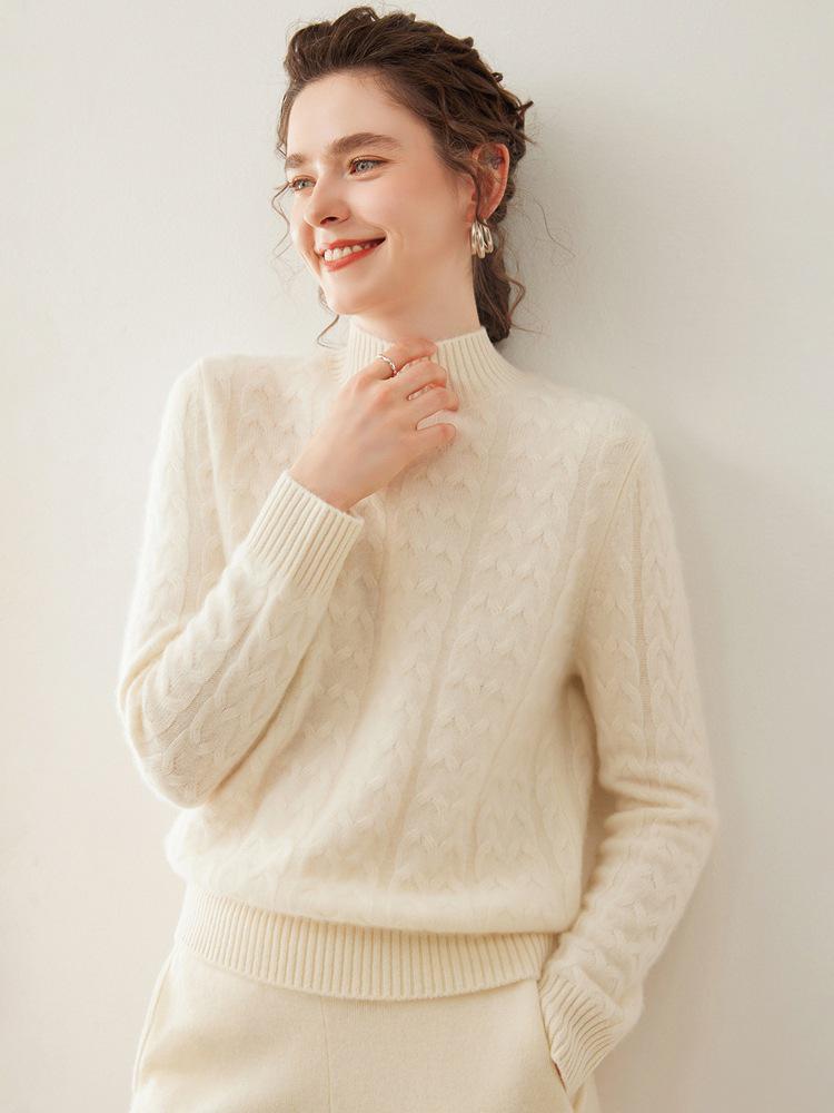 Women's Cable Knit Cashmere Half-High Neck Pullover Sweater