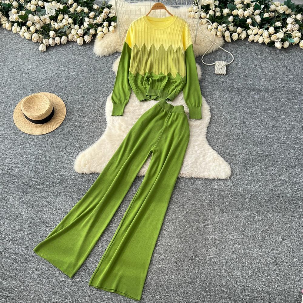 

Осенне-зимний женский повседневный полосатый вязаный свитер и брюки, комплект из двух предметов, пуловер с круглым вырезом, топ и брюки с карманами, спортивный костюм One Size