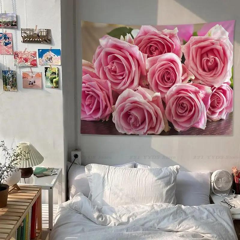 

Гобелен для гостиной в офисе, розовая роза, подвесная ткань, украшение на стену дома, гобелен 100x75cm