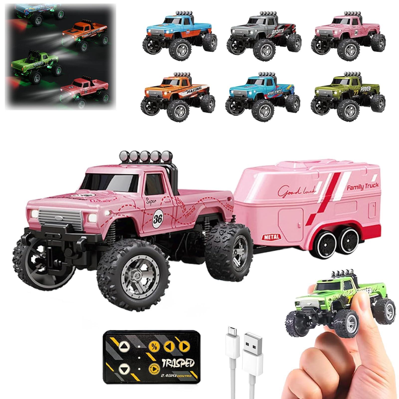 

RC Truck USB-C перезаряжаемый нижний уровень с прицепом, 1:64 масштаба грузовик с дистанционным управлением автомобиль с фарами, 2.4Ghz пульт дистанционного управления One Size розовый