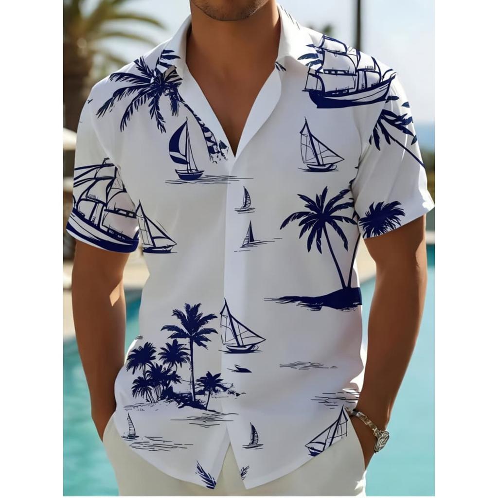 Men's Hawaiian Style Nautical Short Sleeve Shirt - Palm Tree & Sailboat Print Top For Vacation & Beach Outfits