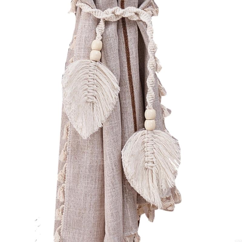 62KD 2Pcs Window Curtain Handknitted Tiebacks Bohemian Leaf Tassels Curtain Holdbacks with Wooden Beads for Drapes Tiebacks