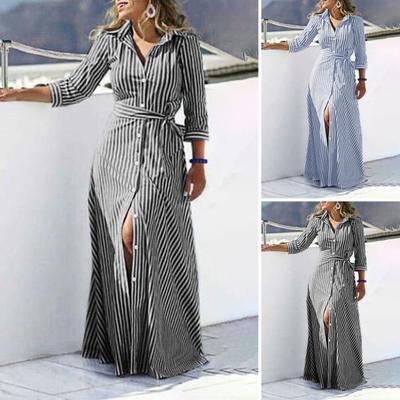 Women's Cardigan Dress Cotton Linen Striped 45720 Sleeve with Belt Casual Stylish