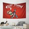 Pixelated character with a guitar on a red background and bold text. Patterned tapestry for bedroom and living room home decor