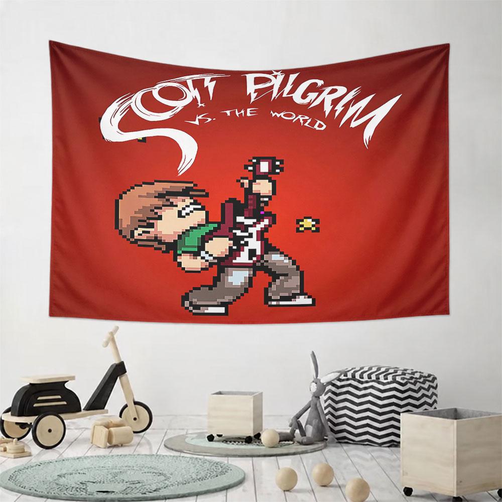 Pixelated character with a guitar on a red background and bold text. Patterned tapestry for bedroom and living room home decor