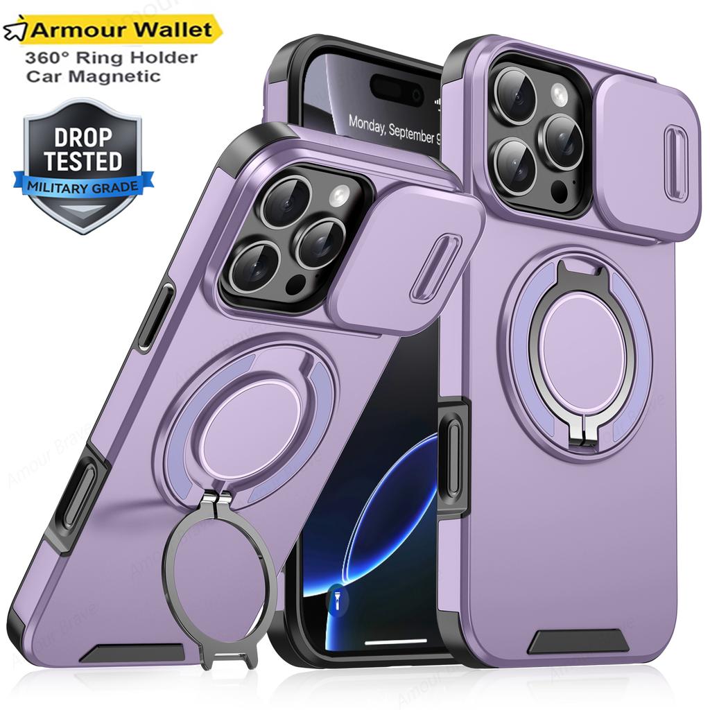 Heavy-duty Rugged Ring Holder Phone Case For iPhone 16 11 12 13 14 15 Pro Max Slide Camera Protection For Magsafe Magnetic Cover
