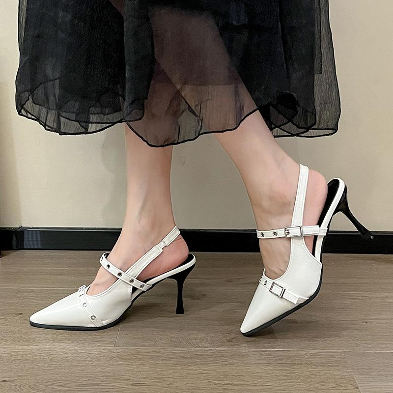 

European and American style pointed high heels women s 2025 summer new belt buckle wear fashion bag head empty sandals 42