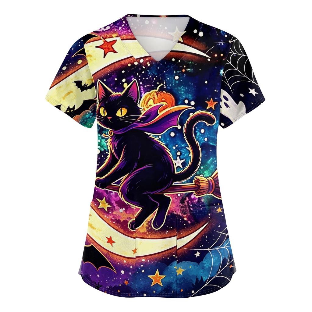 Womens V Neck Halloween Print Short Sleeve Scrub Top with Pocket Side Slit Medical Uniform Shirt for Healthcare Professionals