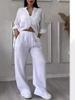 2024 Women's Solid Color Single-Breasted Long Sleeve Shirt & Wide Leg Tie Pants Set