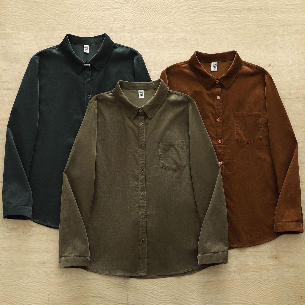 Pure Cotton Corduroy Women's Long Sleeve Shirt - Artistic Casual Style for Spring & Autumn (8372)