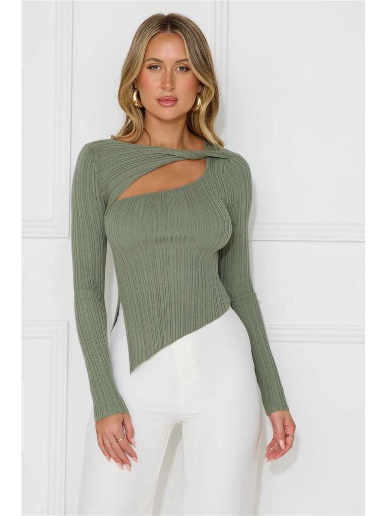 European Women's New Fashion Ribbed Slit T-shirt: Solid Color Autumn Winter Slim Casual Top