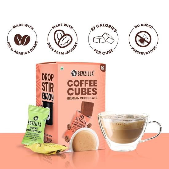 Bevzilla 10 Belgian Chocolate Instant Coffee Cubes | Made with Date Palm Jaggery & Arabica Beans | Enjoy Hot & Cold