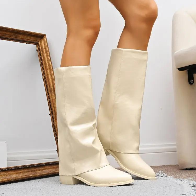 Fashion Vintage Denim Wandering Boots Women 2025 Autumn Pointed Toe Medium Heel Slip On Knee Boots Sexy Designer Women's Shoes