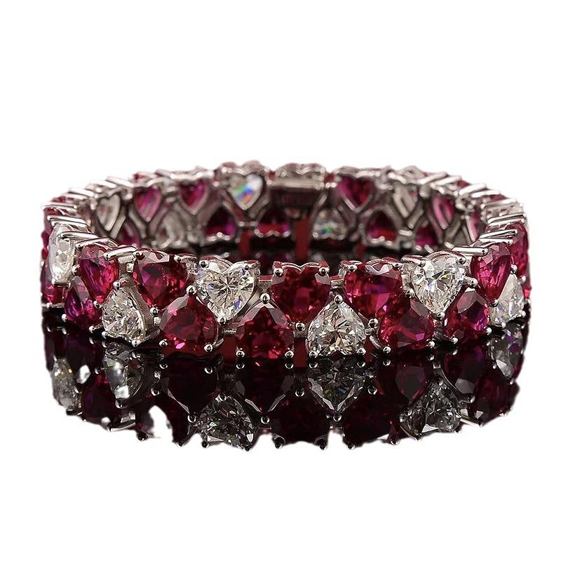 Longlongjin 2024 New Red & White Double Heart Full Diamond Women's Bracelet - Elegant & Fashionable Style