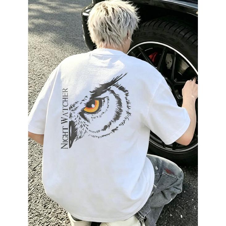 Crewneck T Shirt White Owl Eye Print Night Watcher Text Casual Streetwear Fashion Men's Top