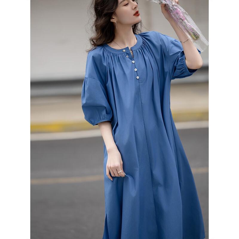 Demana Sommer Lockere Passform Reines Baumwoll-Puffärmel Mittellanges Kleid