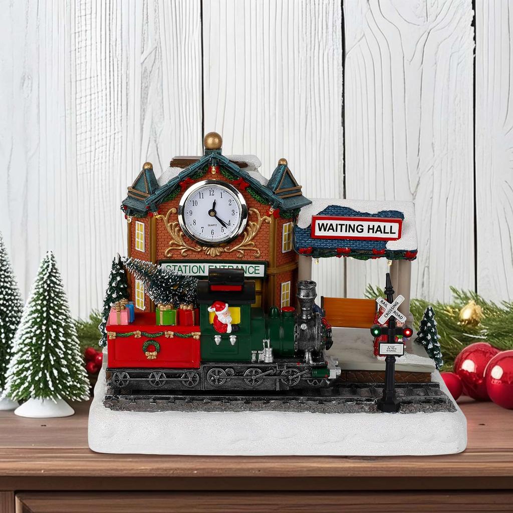 Animated Christmas Village Scene with Moving Train and Clock LED Lights Music & Train Station Holiday Building Indoor Decoration