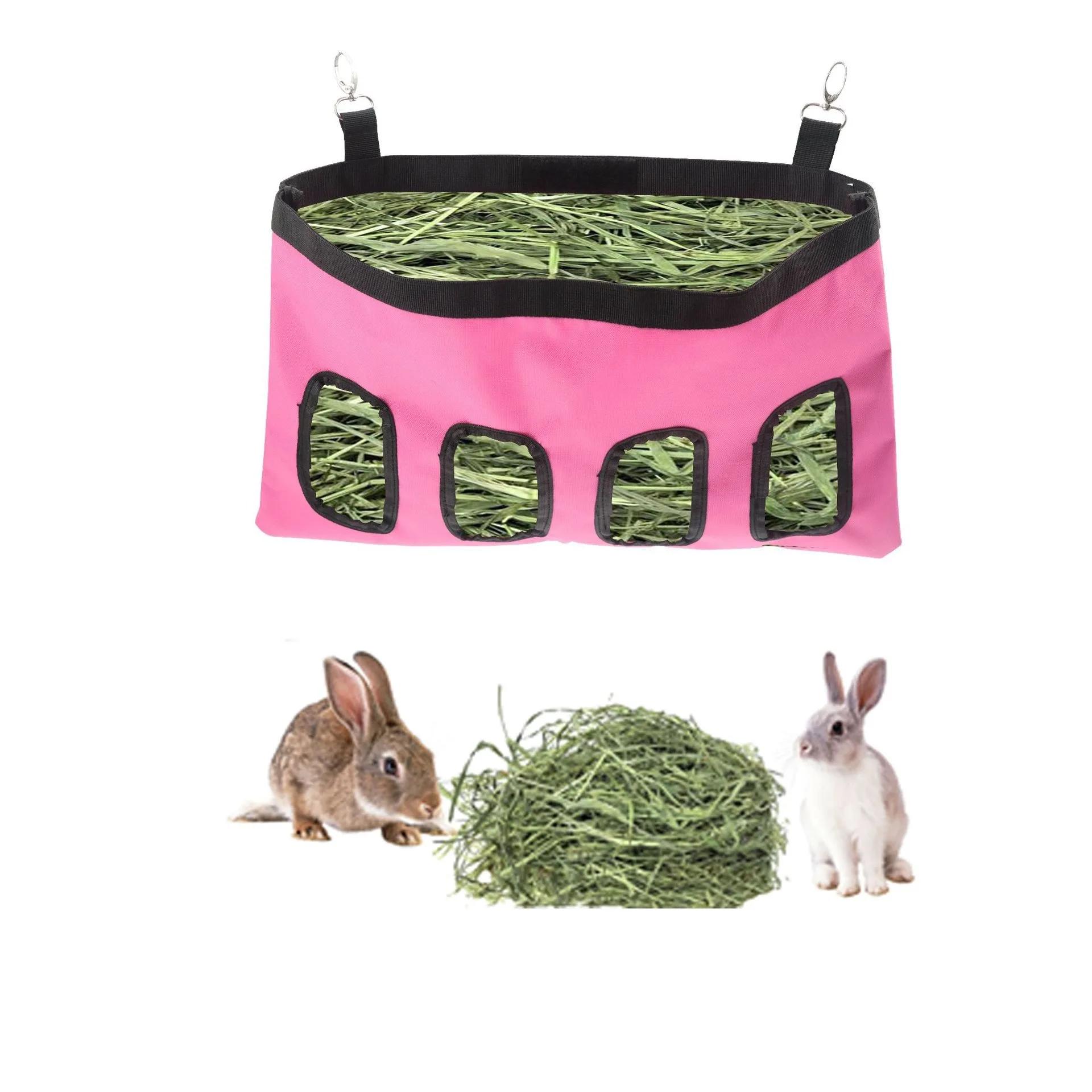 

4 отверстия для мешка с сеном, держатель для кормушки, дозатор для корма, контейнер для кроликов, свиней, мелких животных, аксессуаров для клеток для кроликов розовый