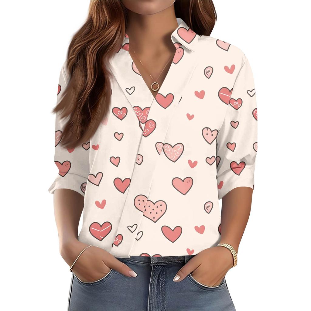 Women's 3/4-Sleeve V-Neck Shirt Printed Workwear Casual Regular Shirt Collar Top