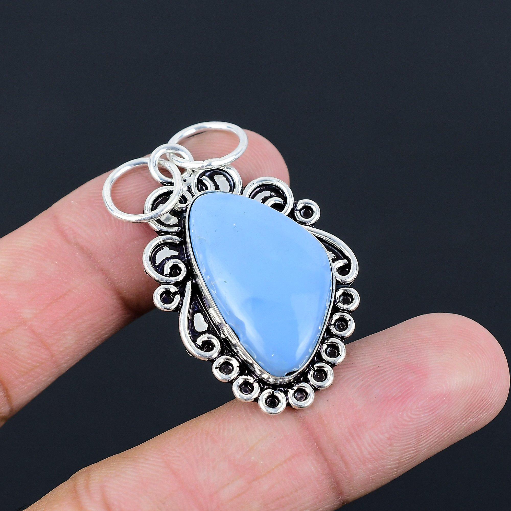 Trillion Owyhee Blue Opal Gemstone 925 Silver Bezel Handcrafted Pendant Jewelry