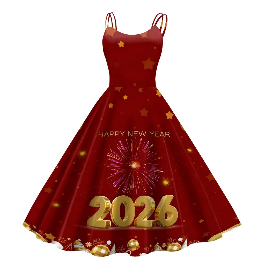 Dámské Novoroční Tištěné Ležérní Módní Midi Šaty s Kulatým Výstřihem