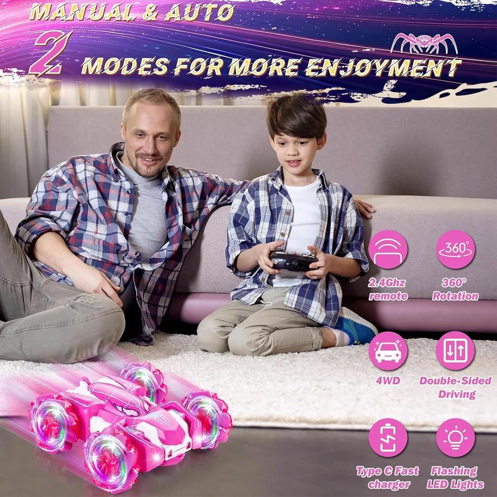 Spider Remote Control Car, Double Sided 360°Rotating USB Direct Charging RC Cars with Cool Lights, 2.4Ghz Drift RC Stunt Car, 360°Rotating 4WD