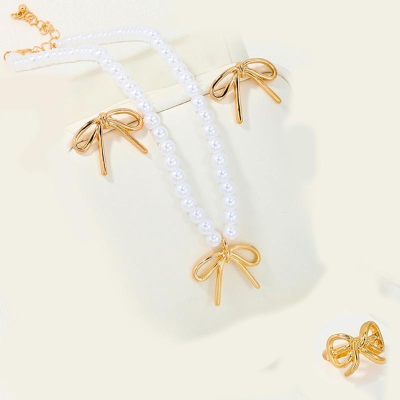 Lovely Bowknot Jewelry Set Dainty Necklace Ear Studs Rings Accessory Elegant Neckchains Earrings Rings Charm Adornment