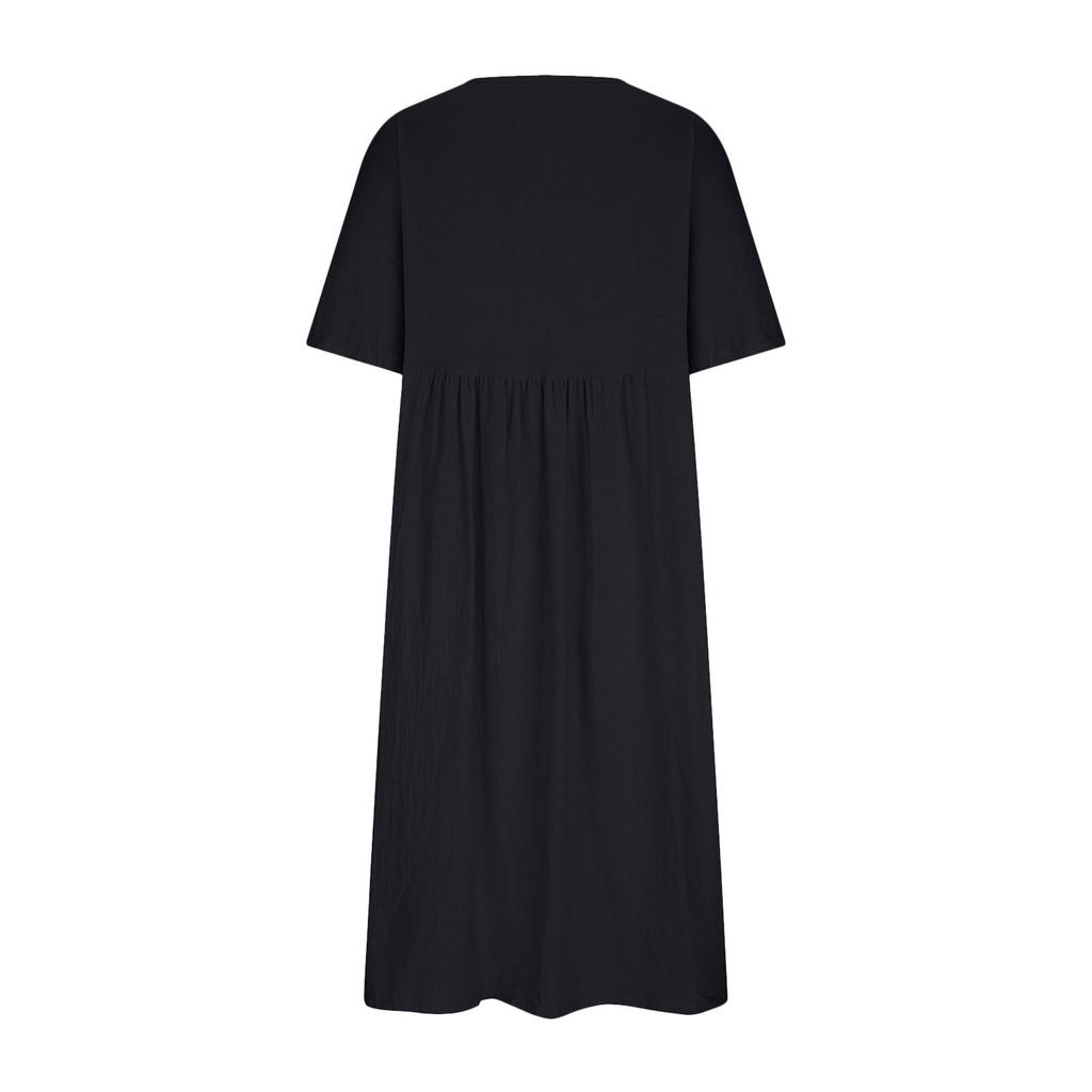 Women's Solid Color Loose Waist Mid Length Dress Cotton Linen Round Neck Dress