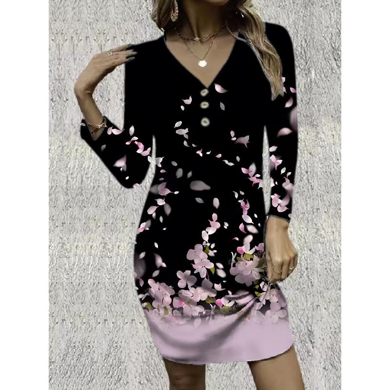 QICED Fashion Autumn Winter Long Sleeve V-Neck Casual Dresses